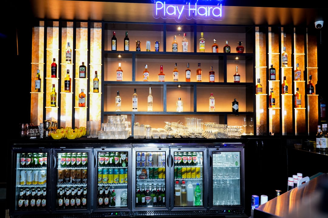 Guests gathered around the bar counter