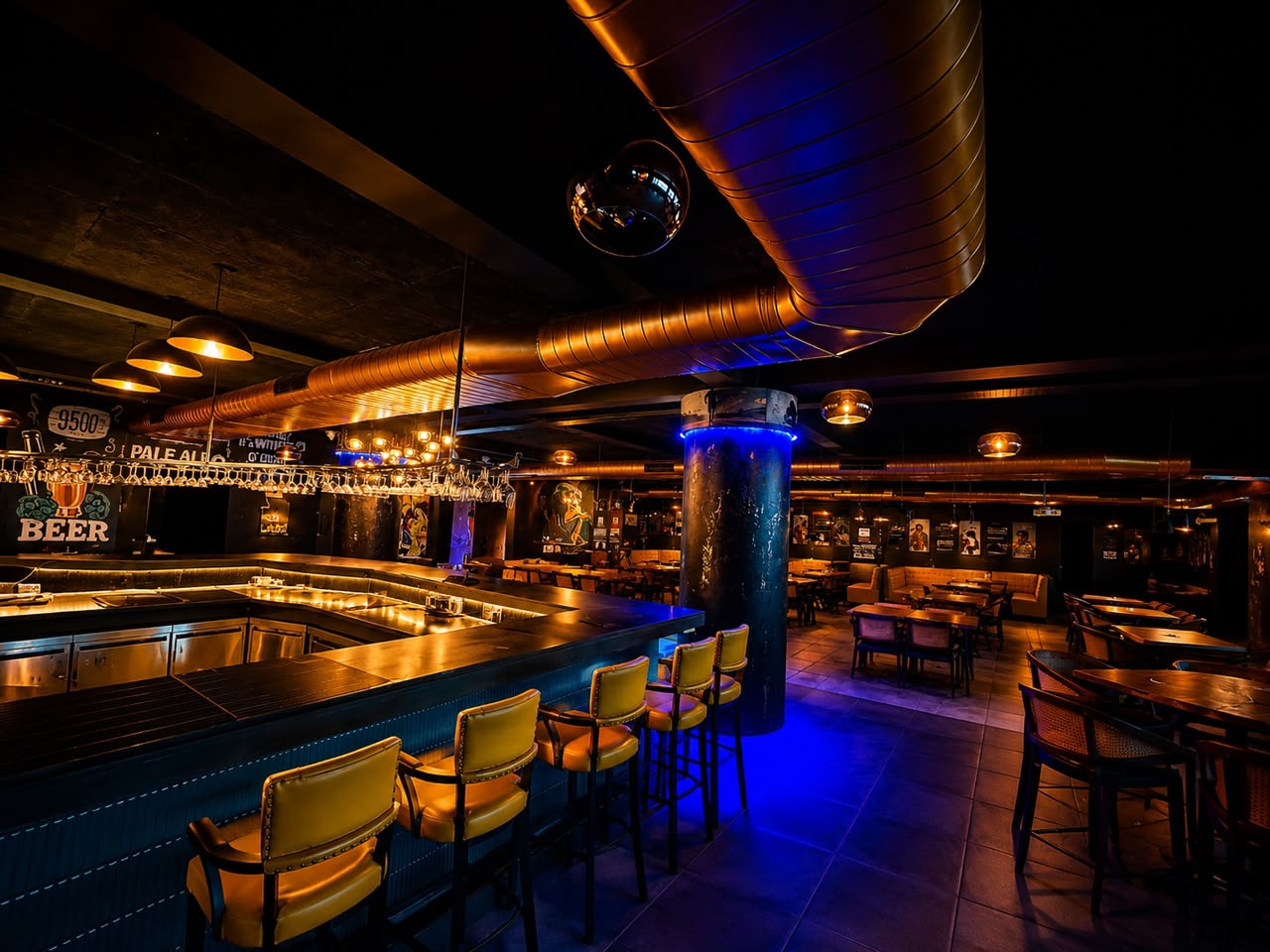 Dining floor with rooftop skyline views through glass windows
