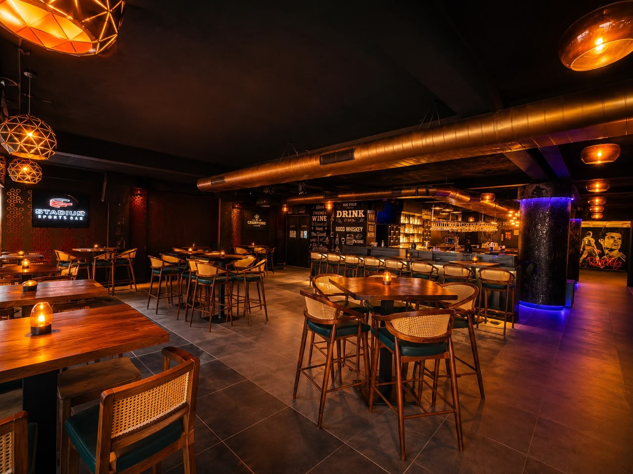 Rooftop lounge tables with skyline view during happy hour