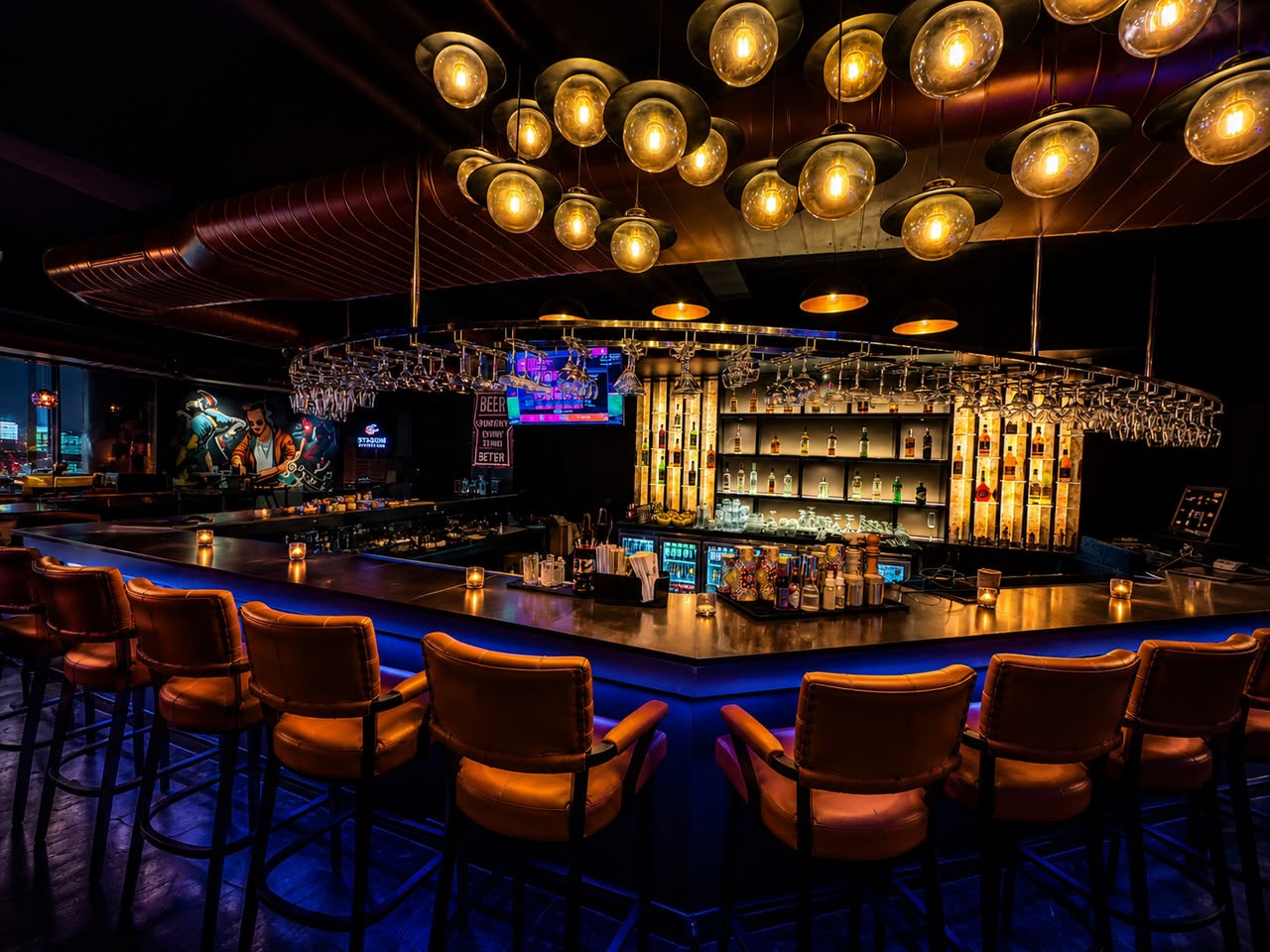 Indoor bar counter with glowing marble pillar and lounge tables